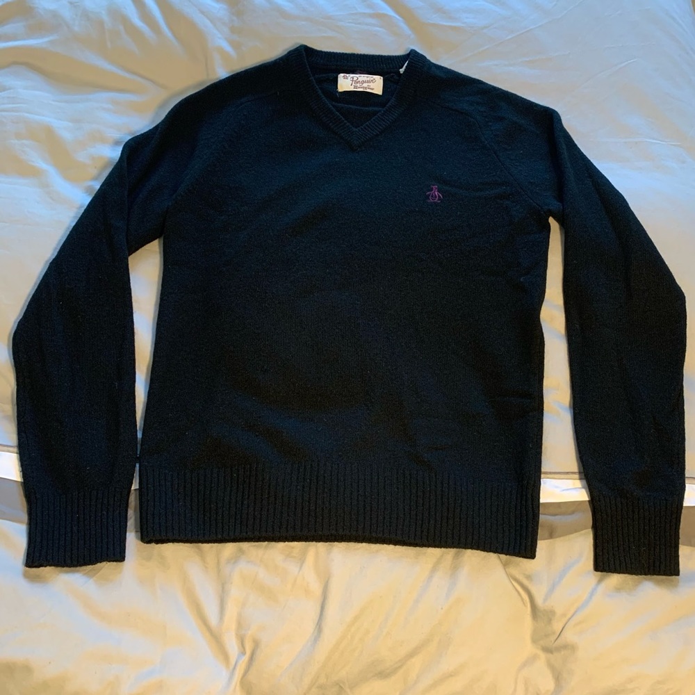 Original Penguin Black and purple embroidered Wool V Neck Sweater Size S